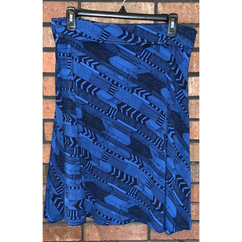 LuLaRoe Flare Skirt Blue Navy Geometric Chevron Print Knee Length A-Line L